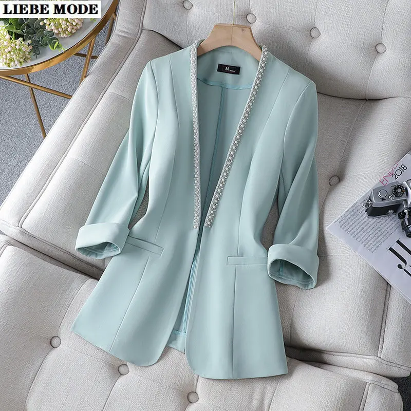 2023 Summer Women's Green Blazer Business Casual Thin Women Slim Black White Suit Jacket V-neck Office Lady Cardigan Coats