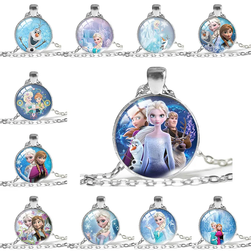 Disney Frozen Princess Necklace Anime Figures Elsa Anna Princess Figure Glass Dome Pendant Long Pendant Girl Jewelry Xams Gifts