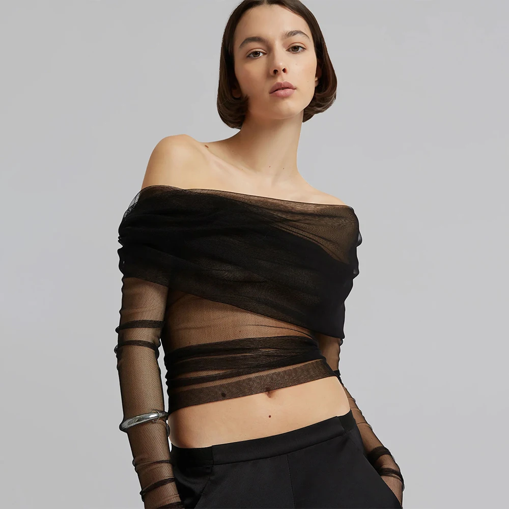 

2023 Summer Sheer Sexy Mesh Decadent Style Spice Girl Long Sleeve One Shoulder Slouchy 2 Wear Strapless Top
