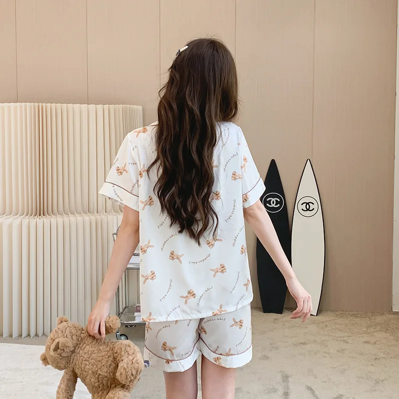 Pajamas Women's Summer New Bear Suit Simple and Fashionable Can Be Worn Outside Short-sleeved Shorts Turn-over Collar Sleepwear