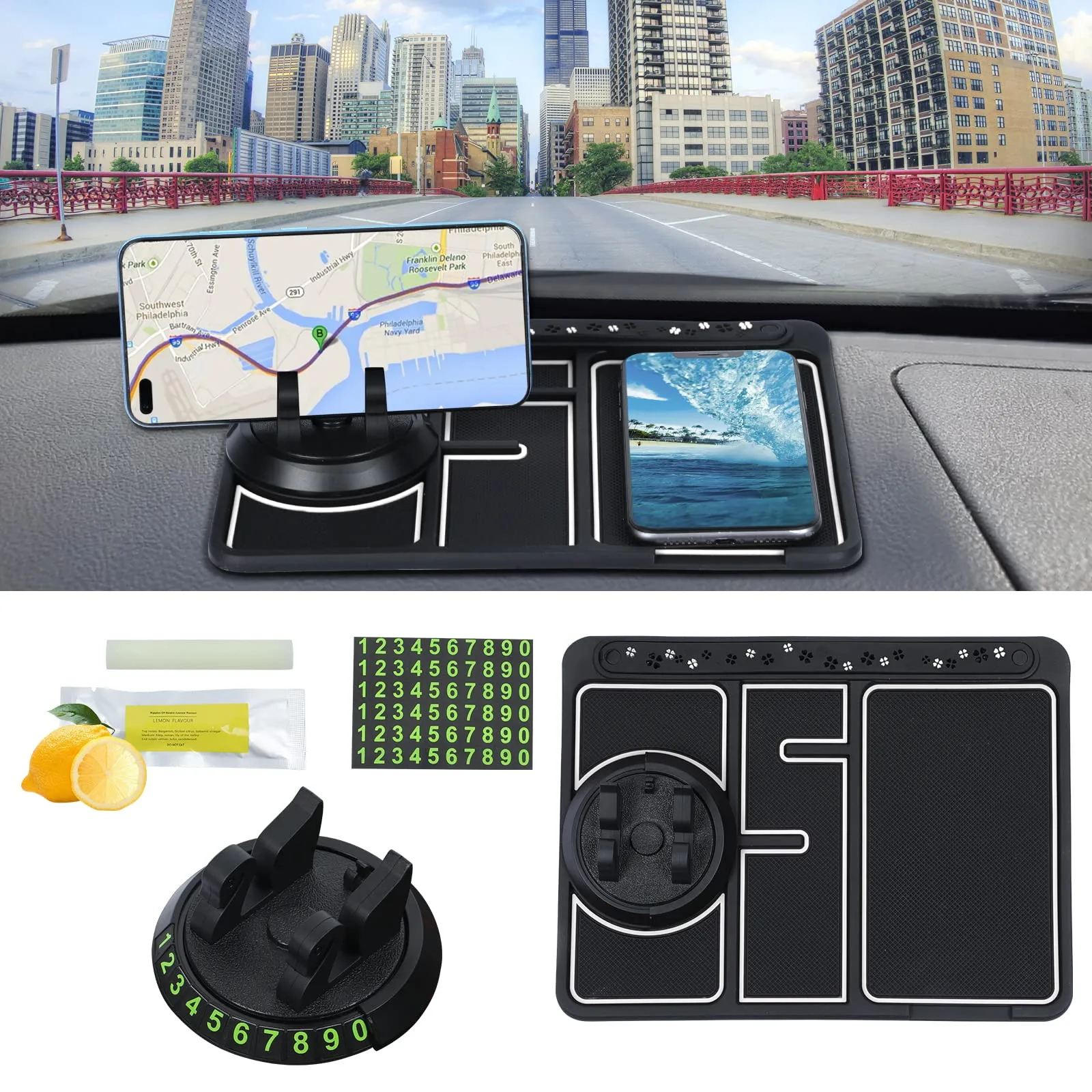 

4 In 1 Car Anti-Slip Mat Silicone Dashboard Sticky Phone Holder Mat Auto Non-Slip Phone Pad Phone Holder Function Car Interior