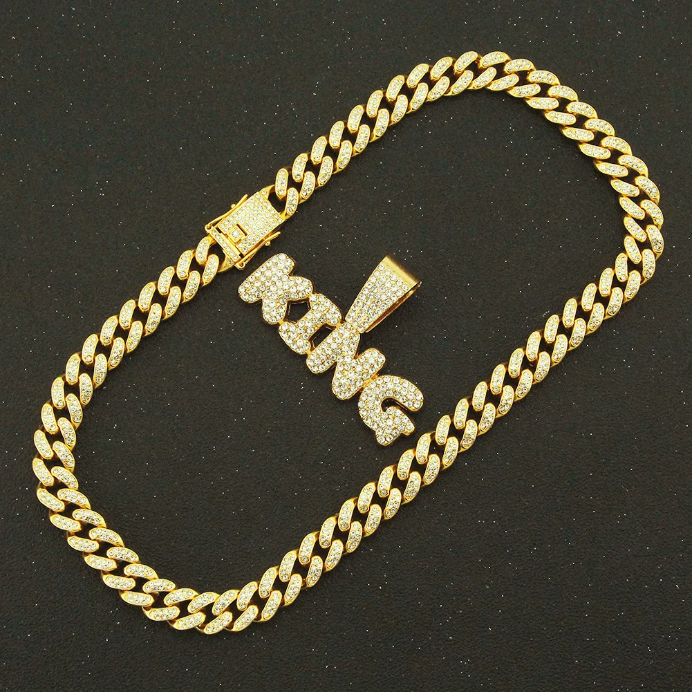 

Men Women Hip Hop KING Letter Pendant Necklace with 13mm Miami Cuban Chain Iced Out Bling Bling HipHop Necklaces Fashion Jewelry