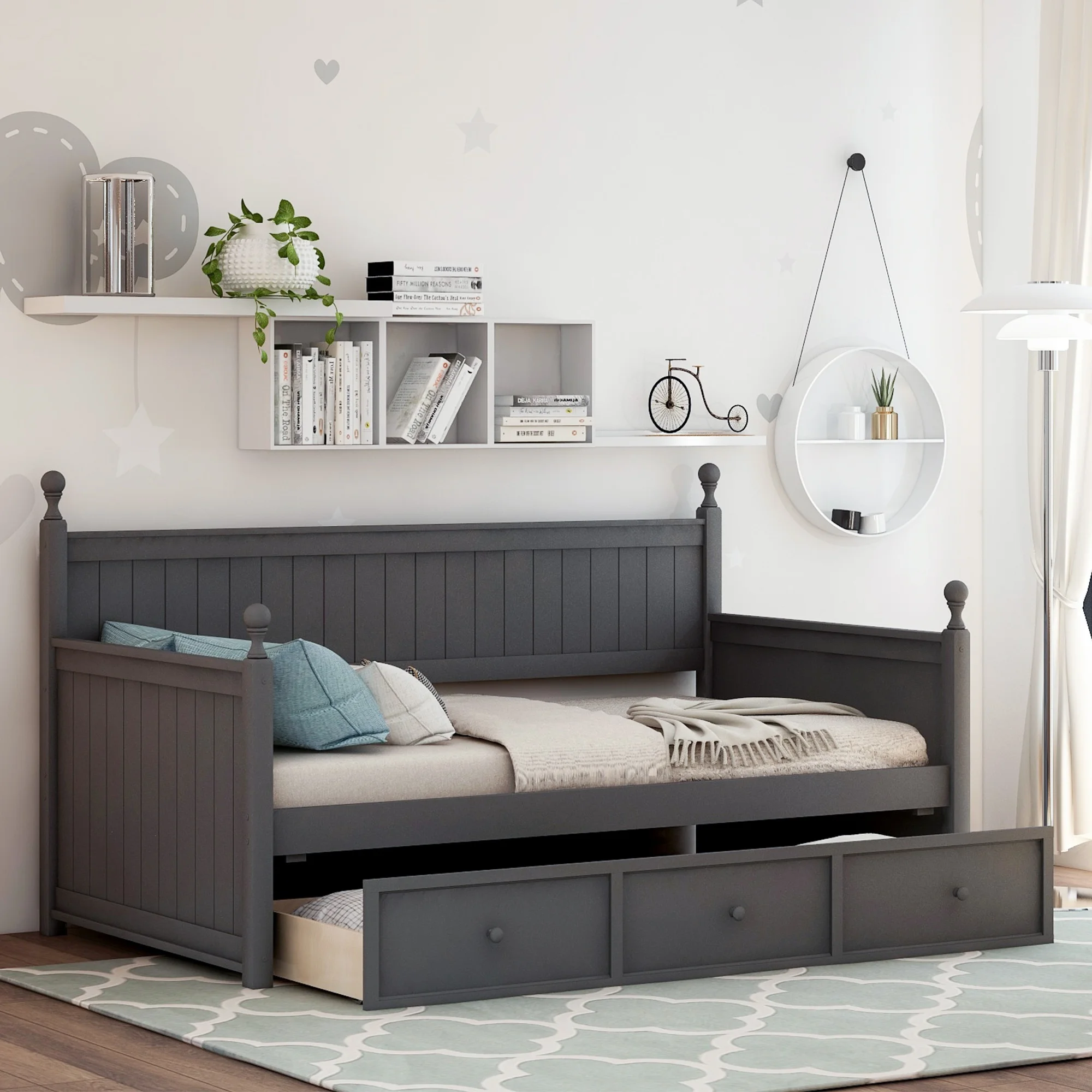 

Home Modern Wooden Bedroom Furniture Beds Frames Bases Wood Daybed With Three Drawers Twin Size Daybed No Box Spring Needed Gray