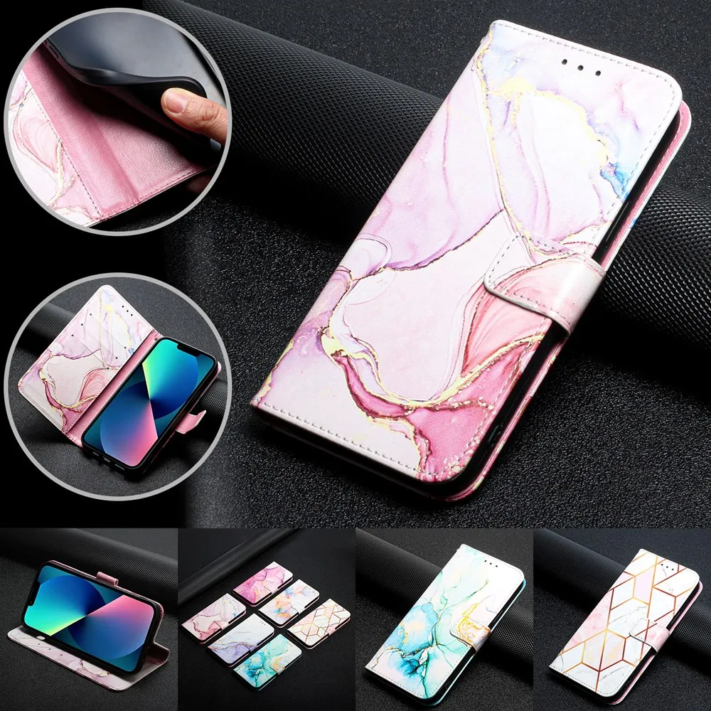 

Full Protective Flip Phone Case for iPhone 14 13 11 12 ProMax XR XS 6S 7 8 Plus SE2 Leather Marble Card Slots Stand Cover Fundas