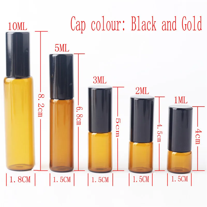 

10Pcs 1ml 2ml 3ml 5ml 10ml Amber Thin Glass Roll on Bottle Sample Test Essential Oil Perfume Vials with Black Roller Metal Ball