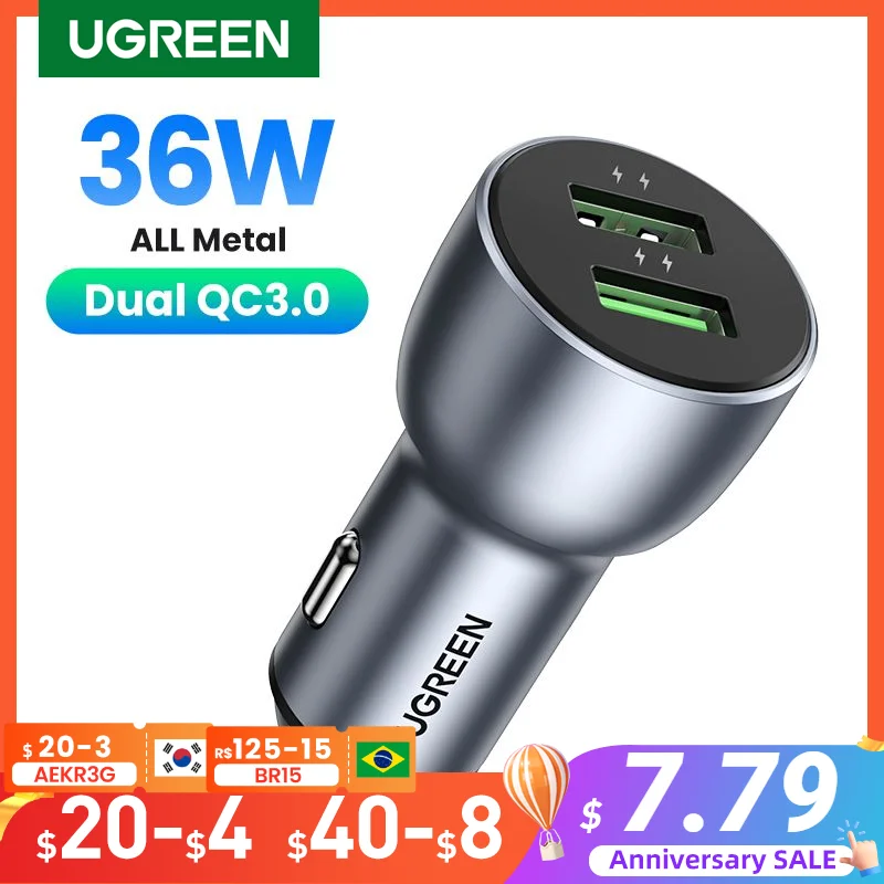 UGREEN 36W QC Car Charger Quick Charge 3.0 for Samsung Fast Car Charging for Xiaomi iPhone 14 13 QC3.0 Mobile Phone USB Charger