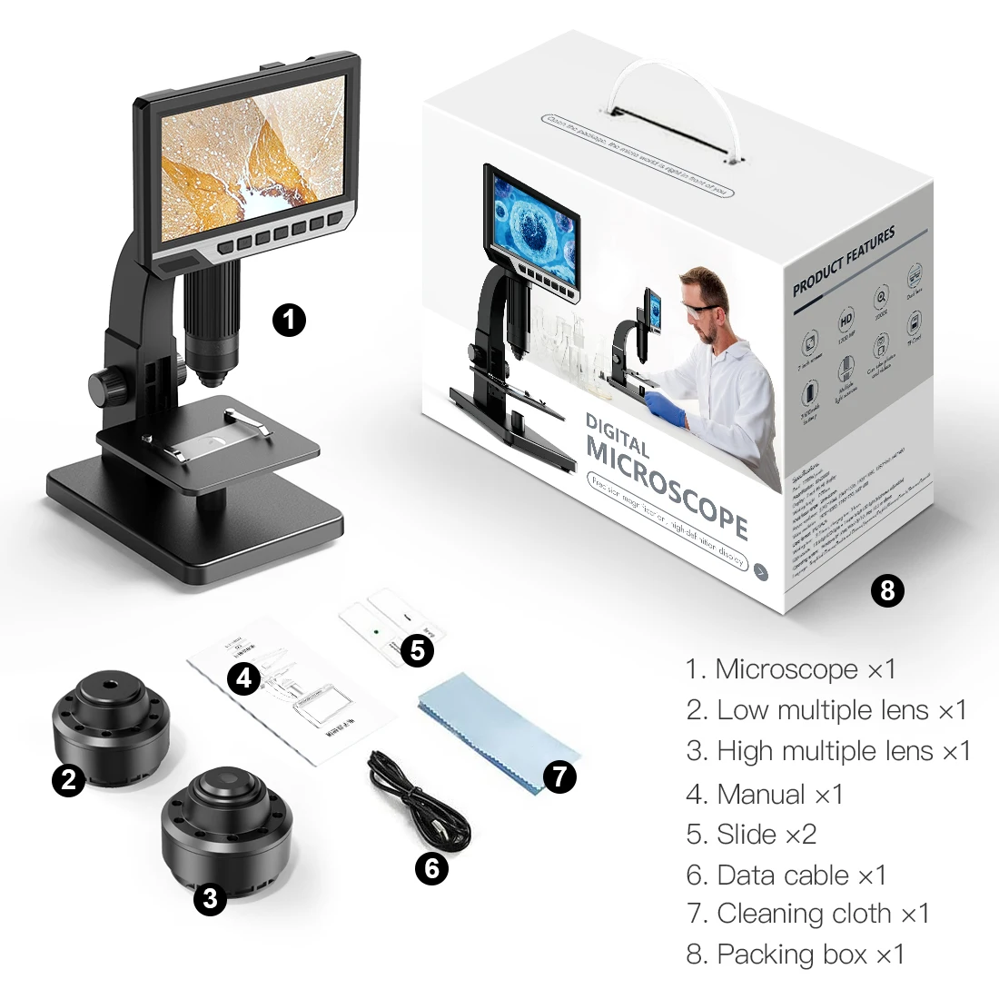 

TS315 LCD Digital Microscope 2000X Biological Microscope with Lens 7inch IPS Display 10 LEDs 12MP Resolution Windows Mac OS