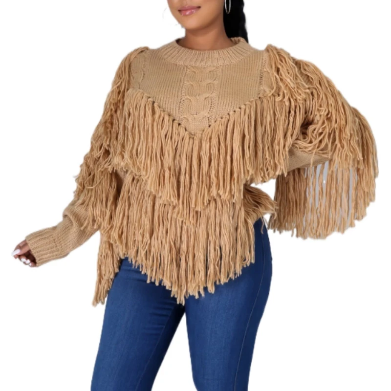 

Женский трикотажный свитер с бахромой, повседневный свободный свитер с длинными рукавами и высоким воротником, в стиле пэчворк, для офиса