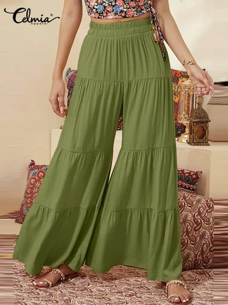 

Celmia Casual Women Wide Leg Pantalon Pleated Tiered Elastic High Waist Fashion 2023 Summer Long Trousers Ruched Solid Pants