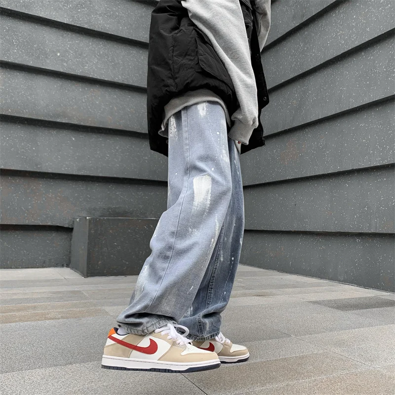 2023 Casual Baggy Jeans Mens Korean Streetwear Fashion Hip Hop Straight Wide Leg Trousers Blue Gray