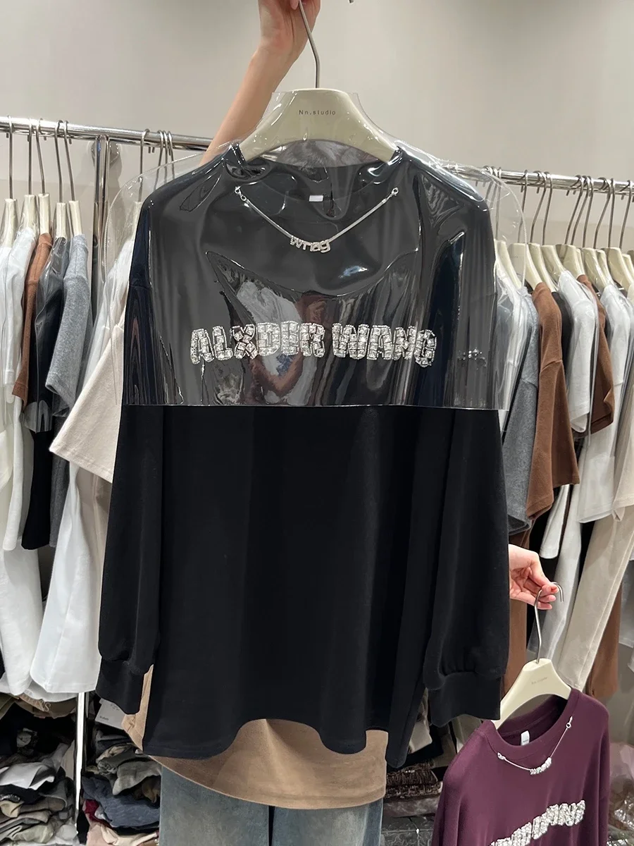 

Letter Diamonds Long Tees For Autumn Winter Thick Full Sleeve Pullovers Round Neck Casual Loose Base Cotton Tops All Match