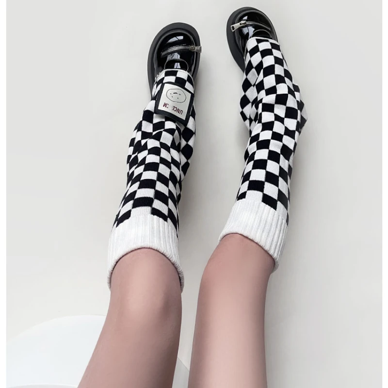 Women Knitting Leg Warmers School Student Cotton Plaid Foot Cover Socks   Middle Tube