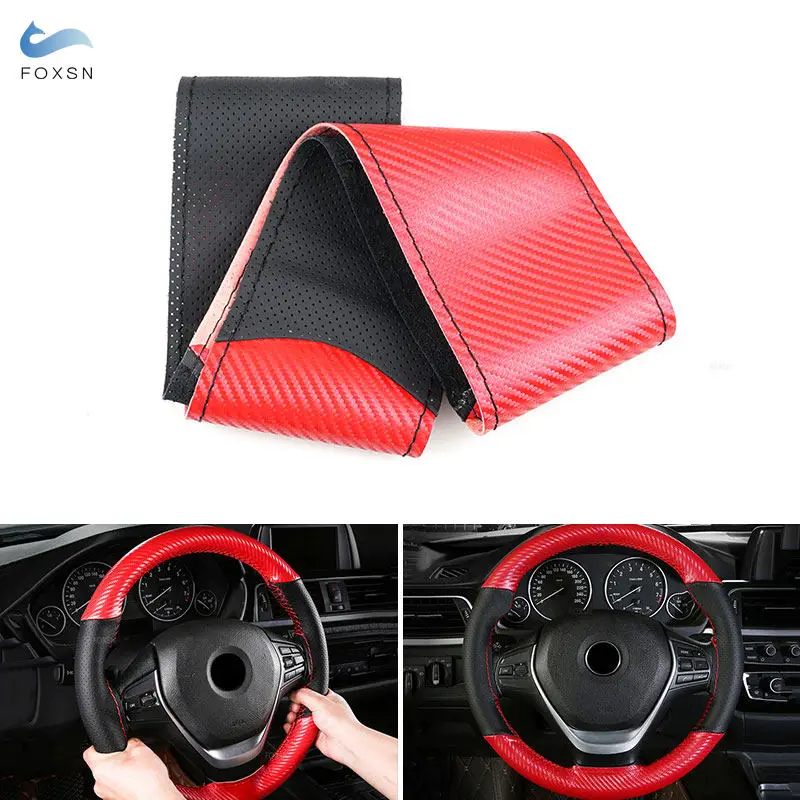 

38cm Universal Hand-stitched Car-styling Interior Steering Wheel Braid Cover Red Carbon Fiber + Black Perforated Leather Splice