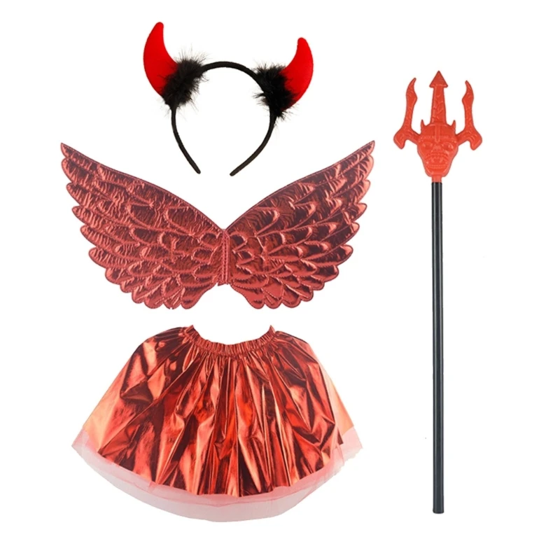 

N58F 4pcs Devil Horns Headband & Wing & Skirt & Scepter Costume Kit for Party Halloween Fancy Dress Cosplay Adult Children