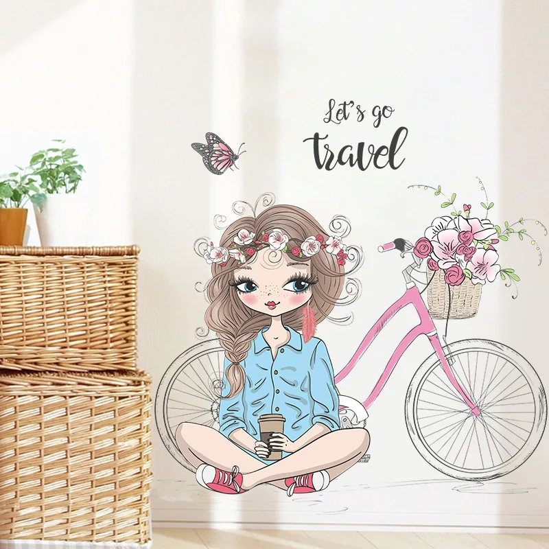 

Cartoon Butterfly Fairy Floral Girl Bicycle Wall Stickers for Girl Bedroom Children Room Wall Decals Colorful Flowers PVC