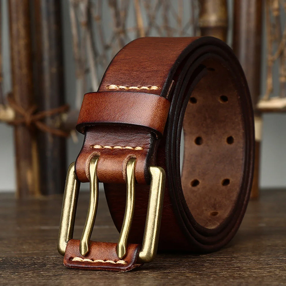 Direct Sales Trendy New Men Belt Leather Luxury Brand Design Double Needle Buckle Top Layer Cowhide Youth Copper Buckle Belt A11