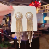 podollan round pearl dangle earrings long tassel rhinestone drop earrings stud for wedding fashion jewelry accessories 1 pair
