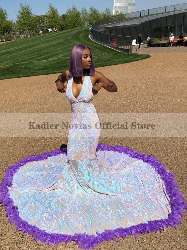 

KADIER NOVIAS Women Long Sexy Halter Mermaid Prom Dresses 2022 with Feather Sequin Lace Evening Gown Vestido De Fiesta