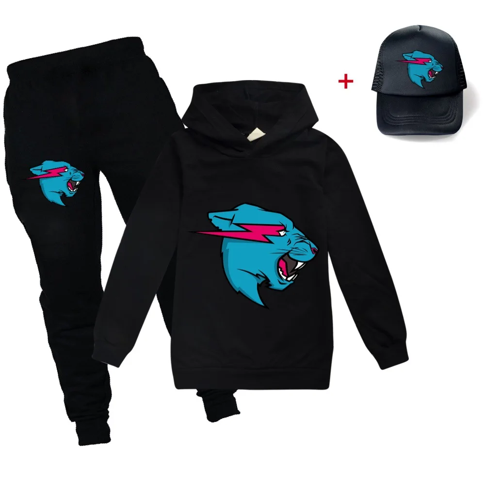 

New Fashion Mr Beast Lightning Cat Kids Clothes Set Cartoon Boys Girls Hoodies Sweatshirt+pants set Children Clothing Suit+cap