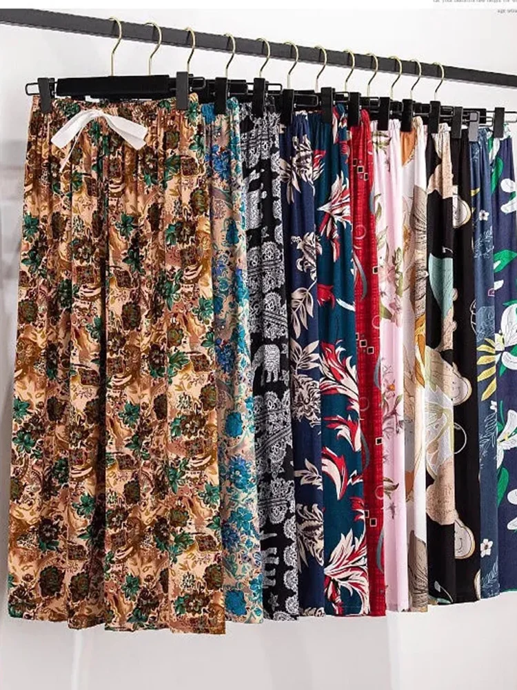 

JMPRS Spring Summer Sleep Wear Women Pajama Printed Loose Sleeping Bottoms Cotton Pant Female Calf-Length Pants Lounge Home Wear