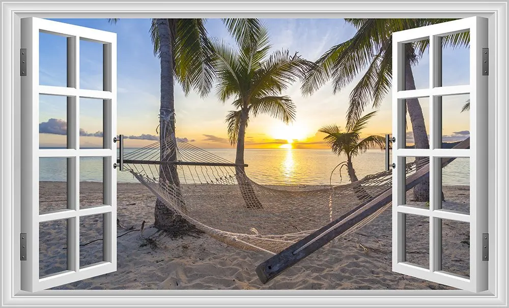 

3D Effect Window View WALL STICKERS Hammock On Tropical Beach Vinyl Decal Decor Mural Kitchen Bathroom motorbike wall art