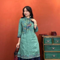 2022 chinese dress dragon embroidered vintage qipao traditional women cheongsam dress elegant vintage cotton linen qipao dress