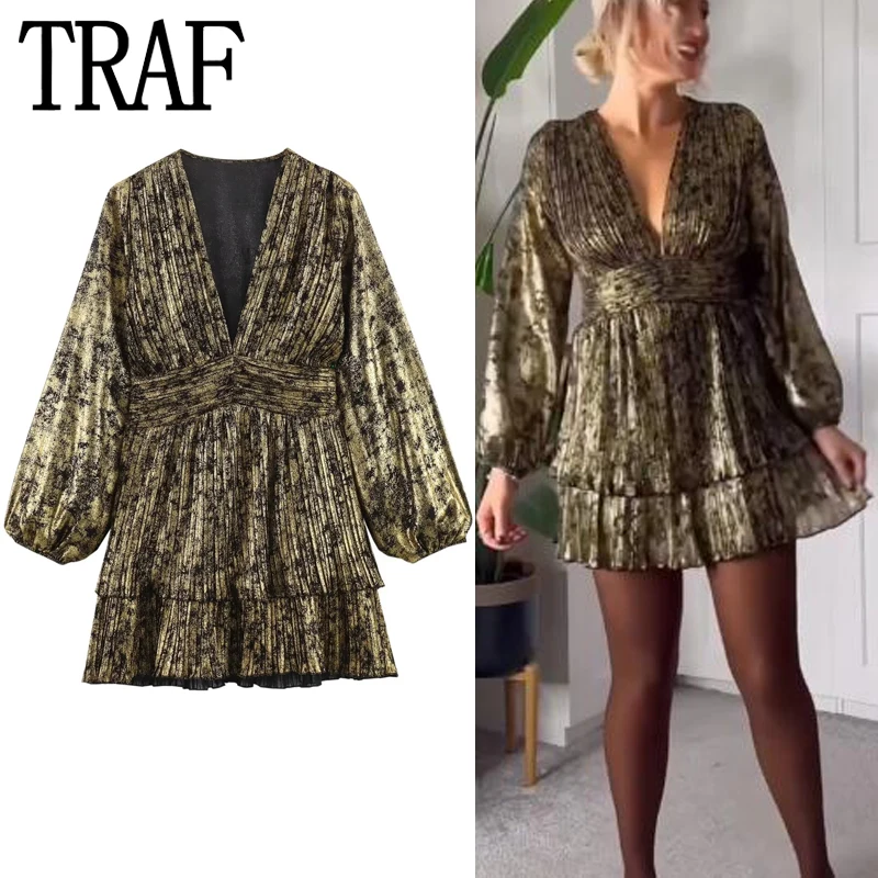 

TRAF 2024 Foil Ruffle Short Dresses For Women Gold Vintage Mini Dress Woman Pleated Party Dress 2023 Long Sleeve Elegant Dresses