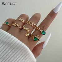 sindlan 7pcs vintage heart gold rings for women aesthetic green crystal letter love hug female kpop jewelry anillos mujer bague