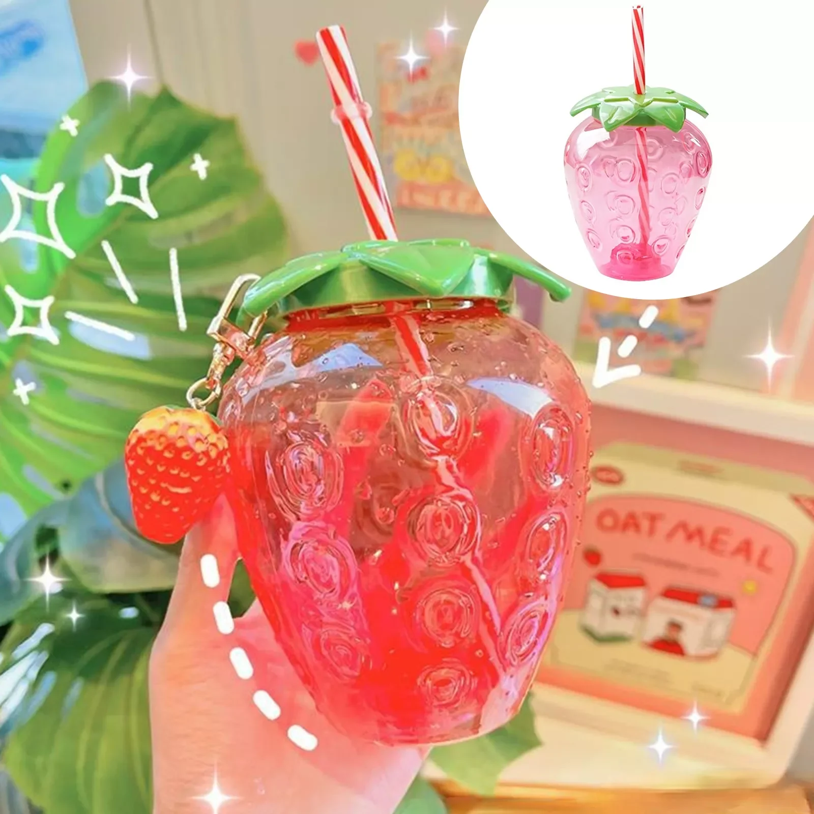 

New in Cartoon Kawaii Strawberry Straw Cup Plastic Cup Lovely Girl Milk Tea Coffee Cup Student Portable Water Cup Water Bottle