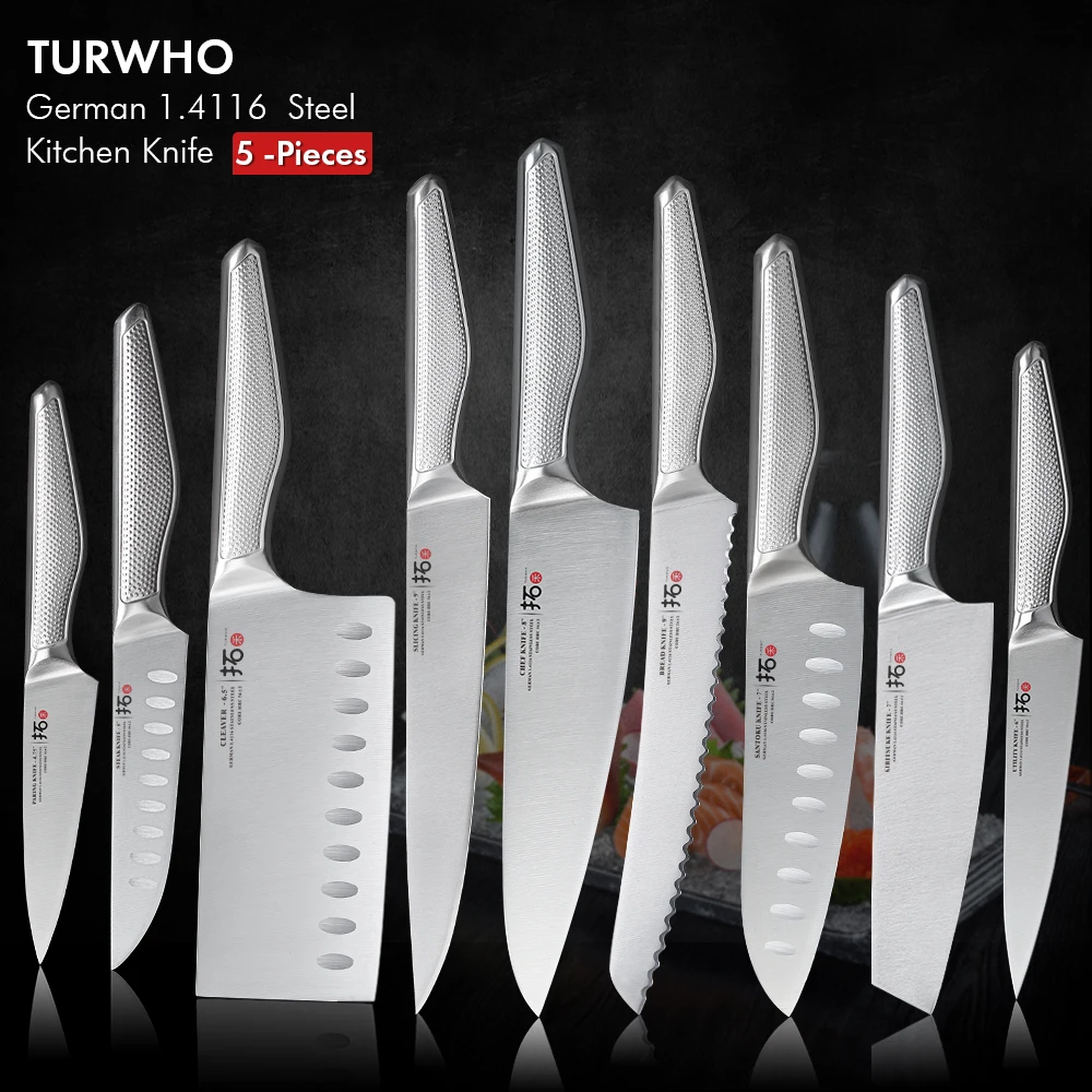 

TURWHO 5 шт. набор кухонных ножей немецкий 1,4116 наборы ножей для шеф-повара из нержавеющей стали Pro японский Santoku Cleaver Slicing универсальный нож