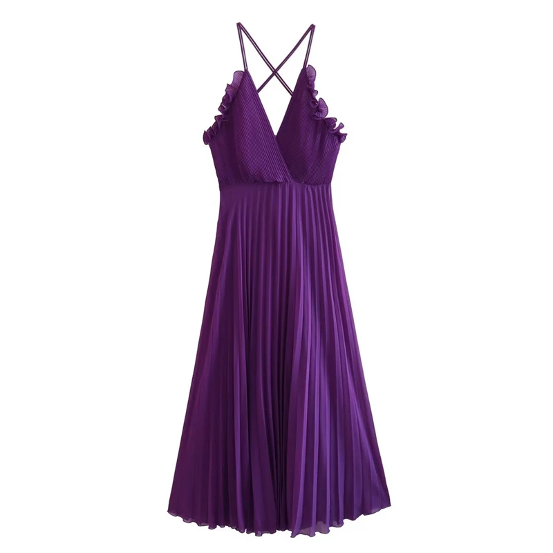 

Новинка лета 2023, пикантное облегающее платье на бретелях с открытой спиной, плиссированное фиолетовое нижнее белье с V-образным вырезом, длинная юбка в стиле пэчворк