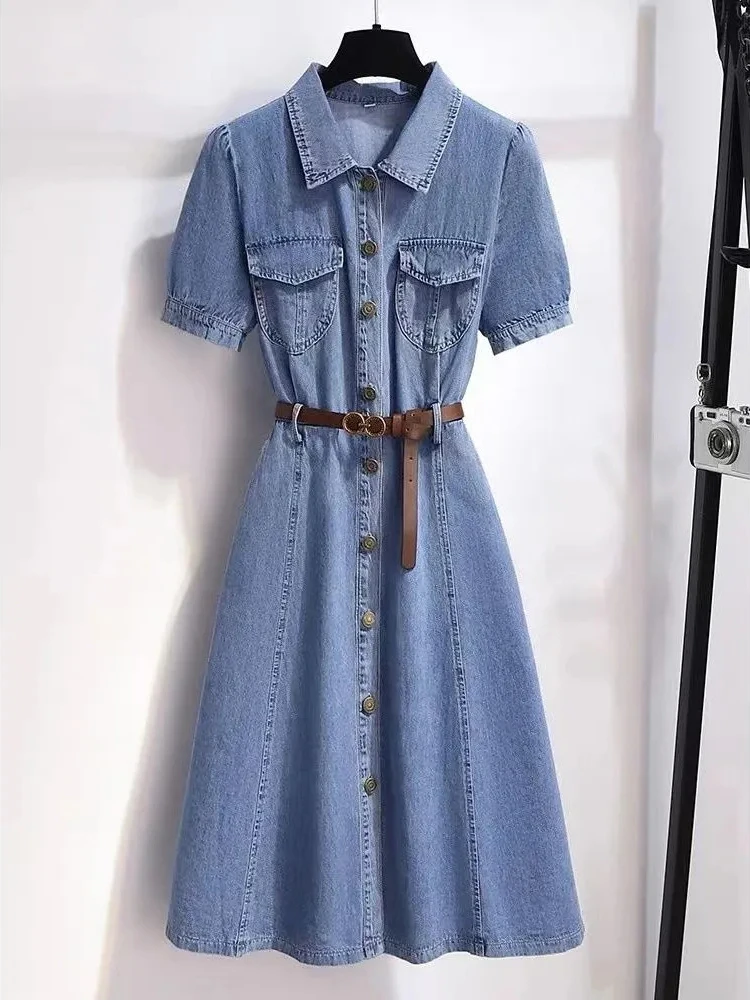 

Женское джинсовое платье средней длины, классическое тонкое однобортное платье с коротким рукавом, простое приталенное платье с поясом, одежда до колен, лето 2023