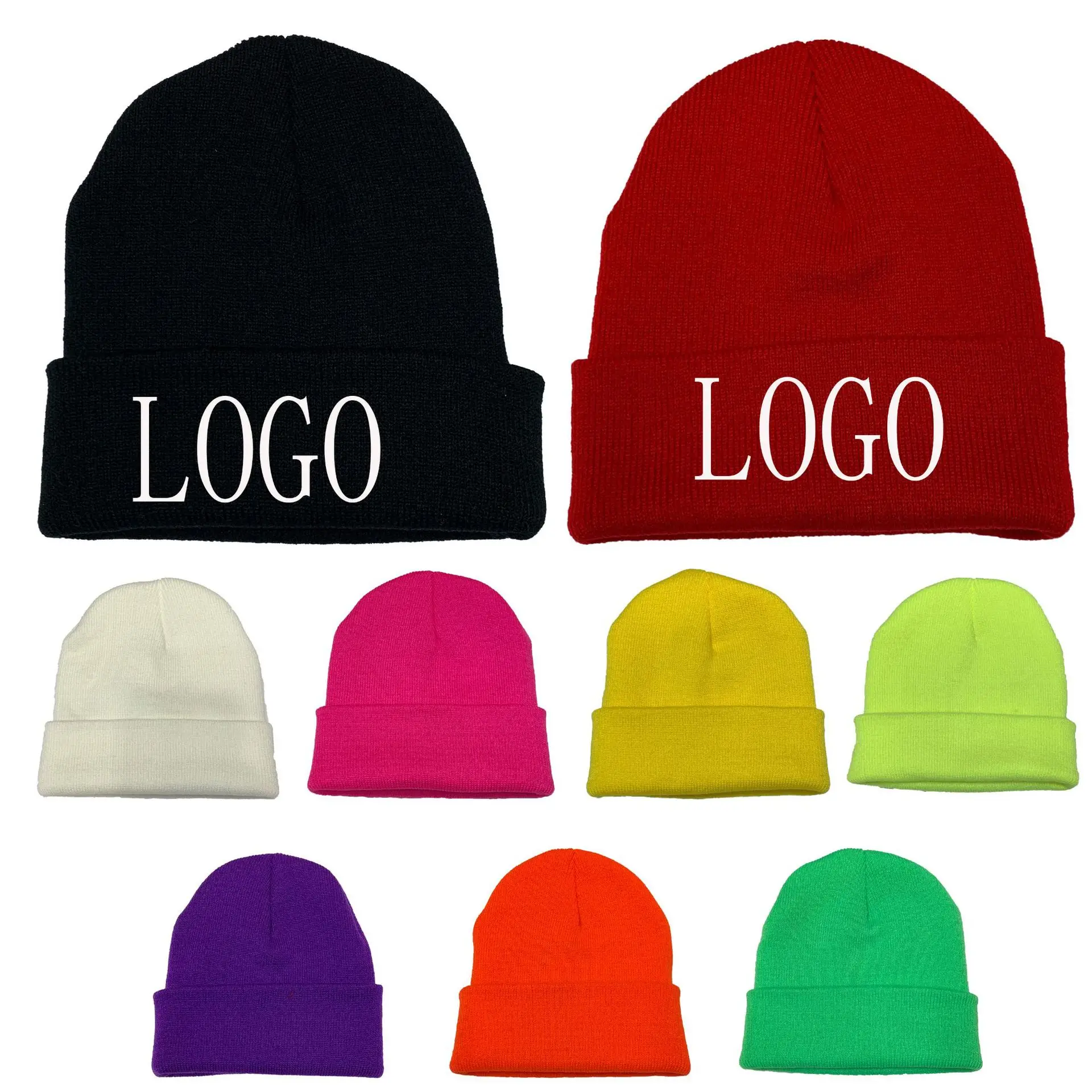 

Custom Logo Beanie Hat Embroidery Woman Knitted Hat Solid Color Autumn Winter Crochet Beanie Hat Female Baggy Caps Hip Hop