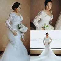 plus size mermaid wedding dresses scoop neck lace applique sweep train long sleeves custom made beach wedding gown vestido 2022