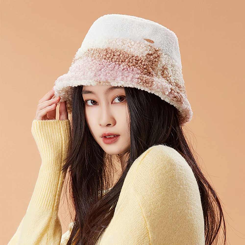 

OhSunny Winter Thermal Fabric Hats For Women Antistatic Heating Tech Keep Warm Patchwork Adjustable Lamb Wool Bucket Hat