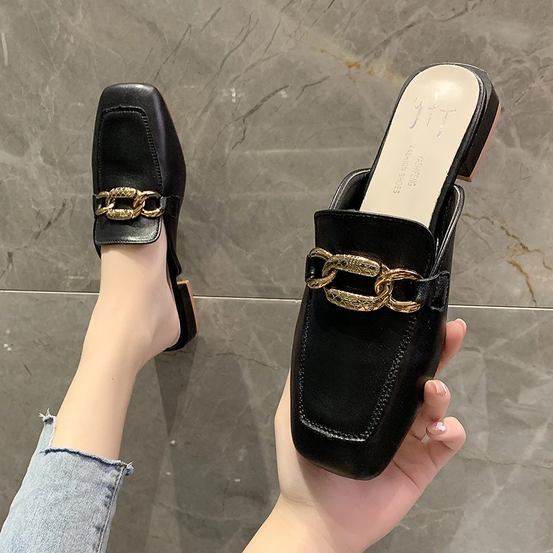 

Black Flat Mules Women Shoes PU Leather Slip on Flats Shoes for Women Square Toe Slippers Ladies Flip Flops Spring Slides JJ11