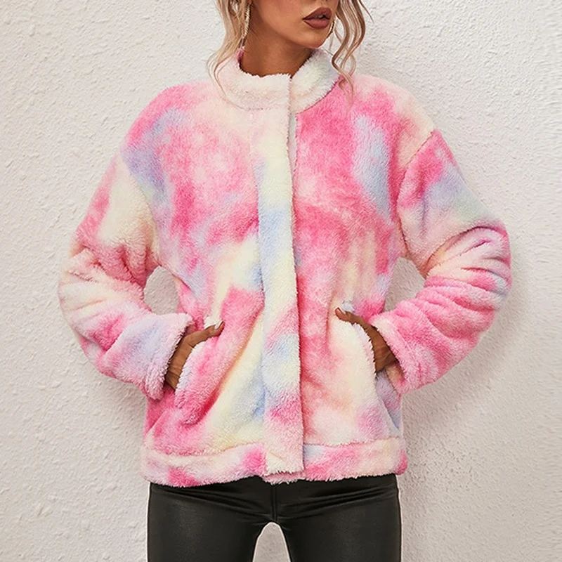 

2022 Long Sleeve Hooded Single-breasted Oversized Streetwear Tie Dye Hoodie Jacket Vintage Women Print Plush Jacket Korean Coat