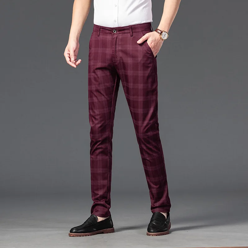 Winter Men's Trousers Fashion Business Classic Striped Plaid Elastic Khaki High Quality Formal Suit Straight Pants Male 30-38