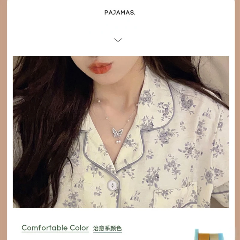 Pajamas for Women's Summer Cotton Short-sleeved Sleepwear Suit Thin Section Cool Feeling Elegant Fairy Style Lapel Loungewear
