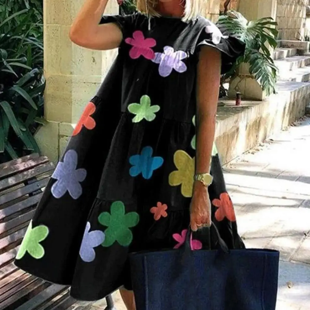 

Dresses for Women 2022 Summer Korean Style Flower Print Large Hem A Line Dress Harajuku O Neck Flying Short Sleeve Party Dress