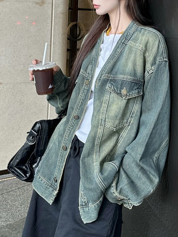 Голубая джинсовая куртка в стиле ретро без воротника женское свободное