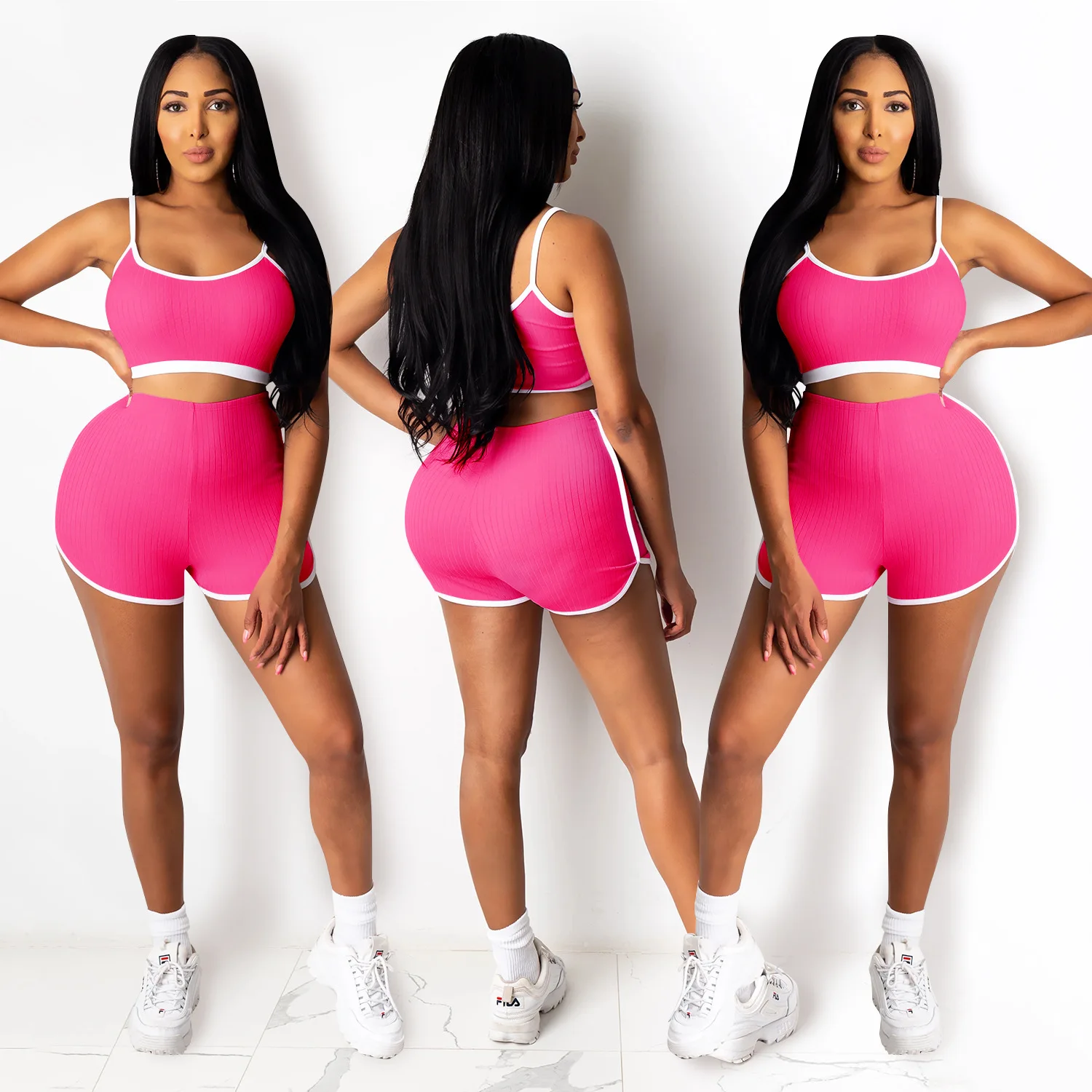 

Summer New Fashion Ladies Sports Casual Two Piece Sets Hot Pink Short Camisole Elastic Shorts Tracksuit Women Streetwear Outfits