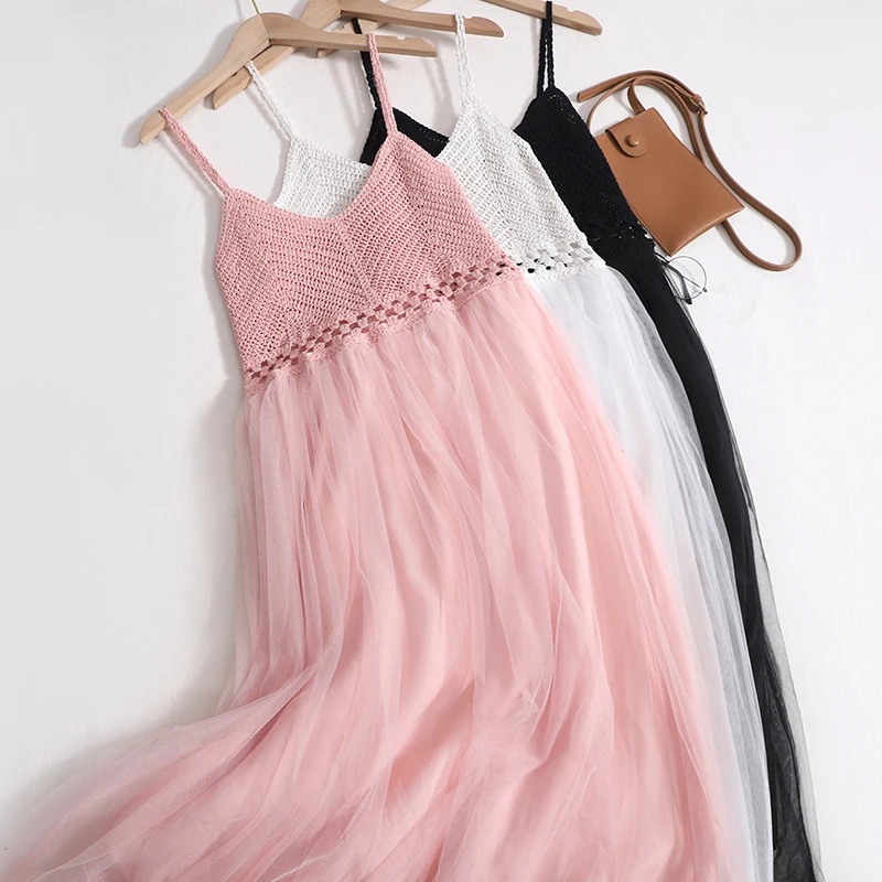 

Summer Sweet Camisole V Neck Dress Women Elegant Fit And Knitting Mesh High Waist Long Slim Dresses