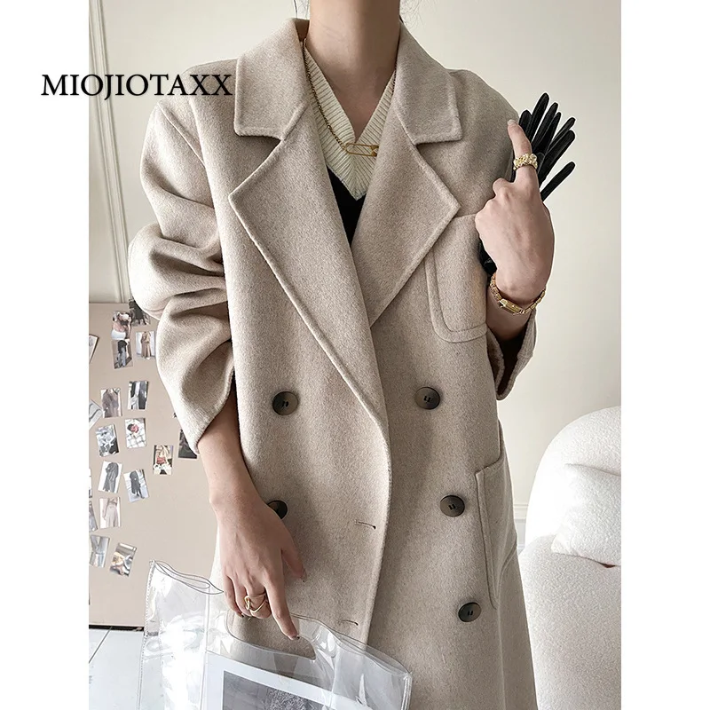 

Новинка 2022, женское однотонное длинное шерстяное элегантное утепленное твидовое кашемировое пальто MIOJIOTAXX для осени и зимы