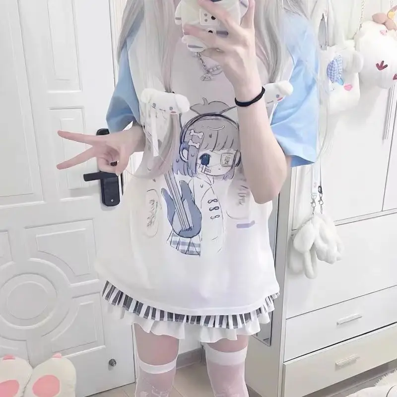 Фото Японская милая летняя новая футболка с коротким рукавом в стиле аниме Harajuku Sweet Girl, повседневные универсальные графические футболки Y2k Top №3