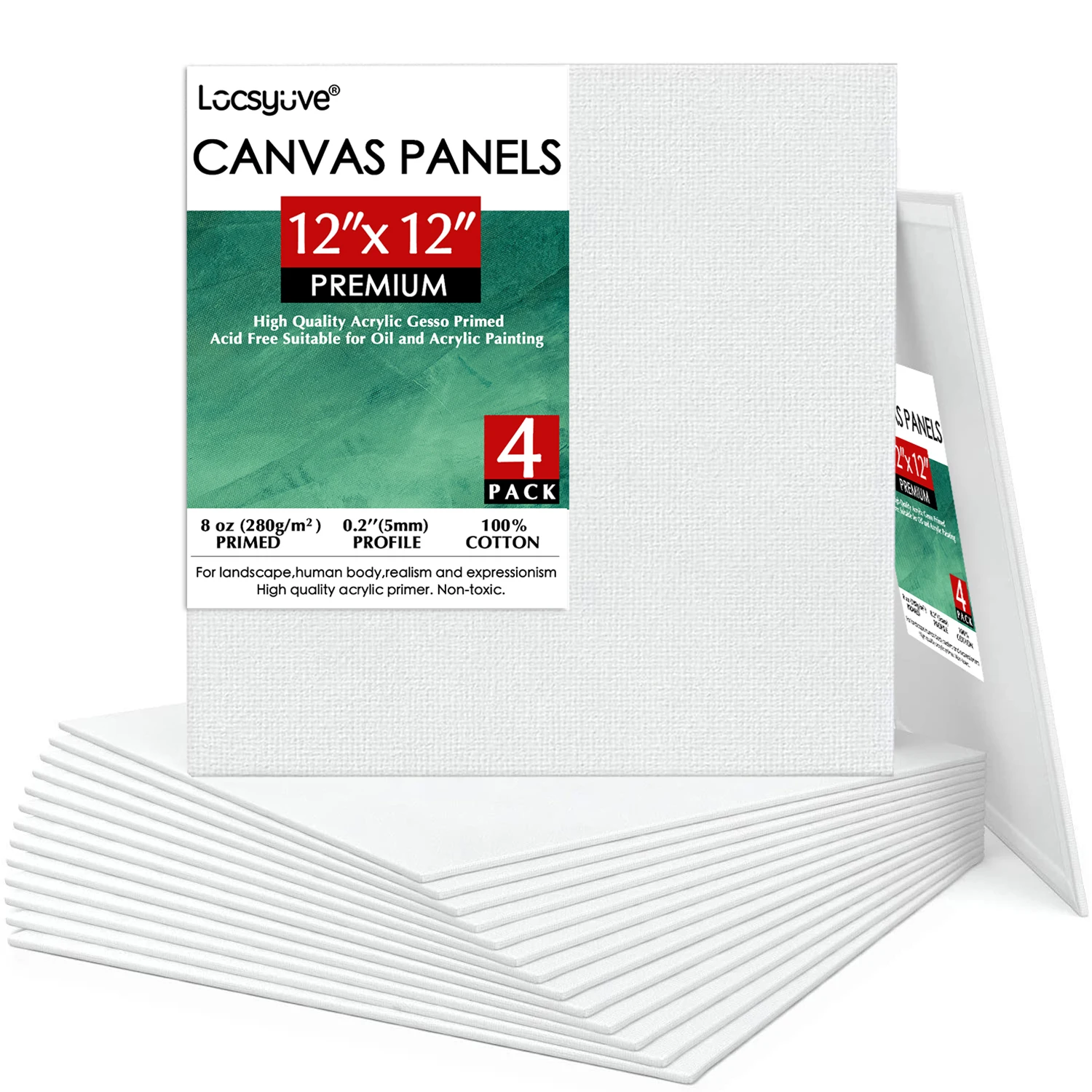 

Locsyuve Canvas Boards for Painting, Pack of 4, 12 x 12 Inches, Square Blank Canvas Panels, 100% Cotton, 8 oz Gesso-Primed