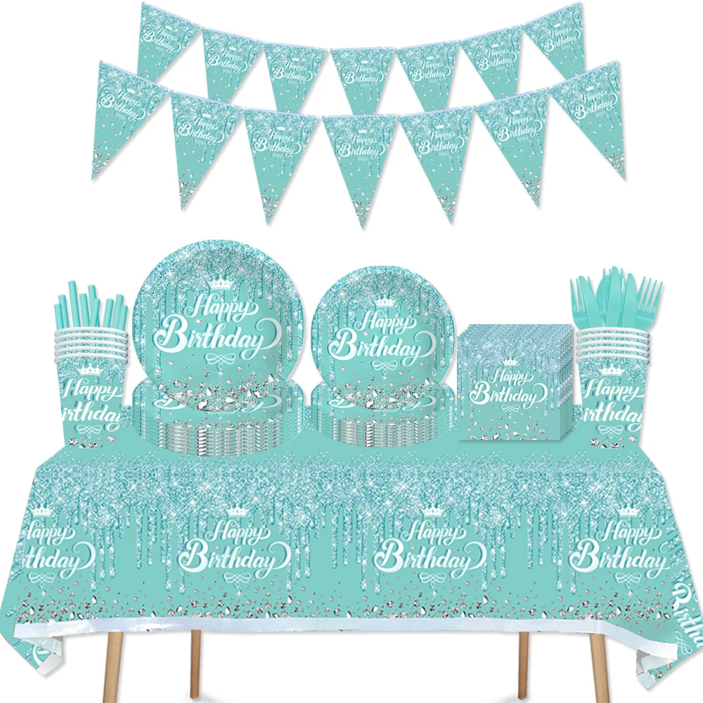 

Tiffany Blue Themed Party Supplies Adult Birthday Decorations Sparkle With Diamonds Paper Plate Cup Tablecloth Banner Girls Baby