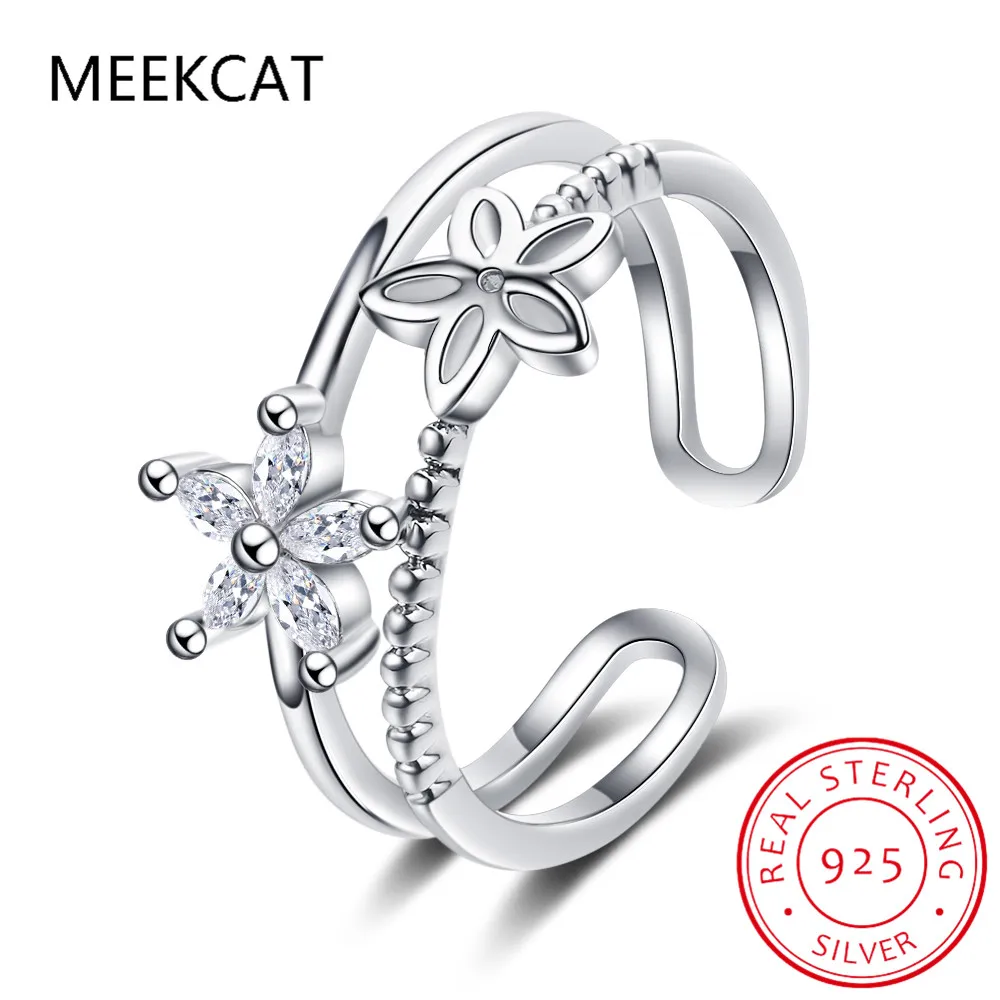 Настоящее серебро 925 блестящее циркониевое двухслойное кольцо с милым цветком