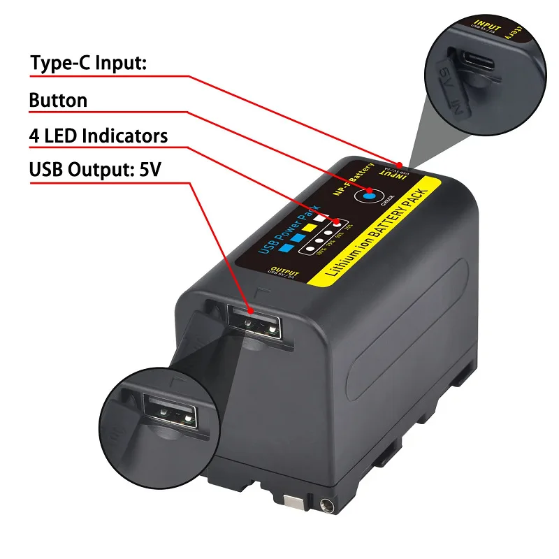 Аккумулятор 6400 мАч NP-F750 F770 со светодиодным индикатором зарядки USB для Sony NP-F770 QM91D