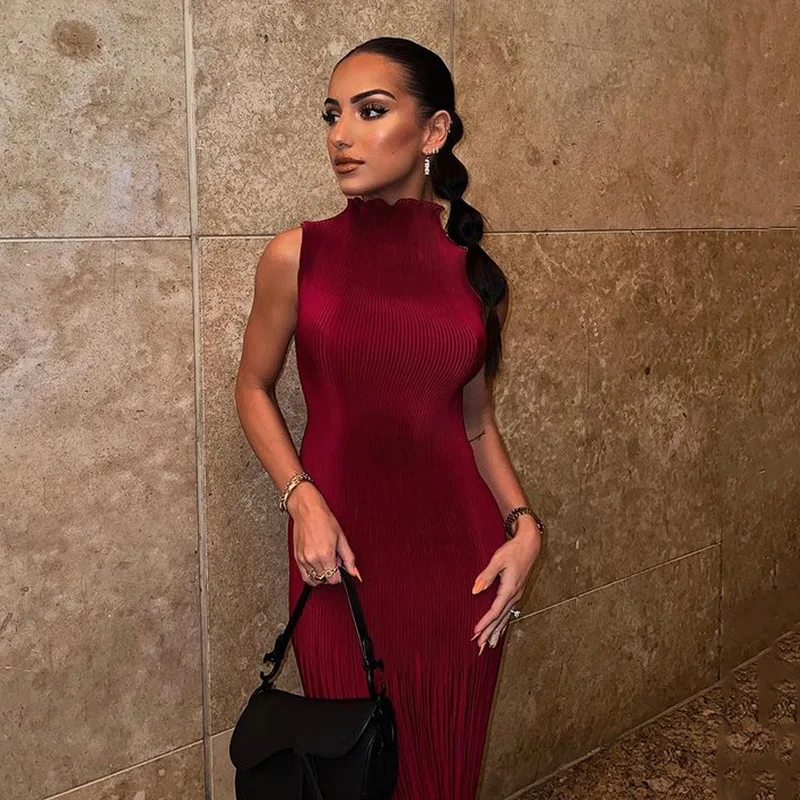 

Women Pleated Maxi Dress Elegant Red Sleeveless Slim Party Dress 2022 Fashion Ruffles Turtleneck Sexy Dress Evening Club Outfits
